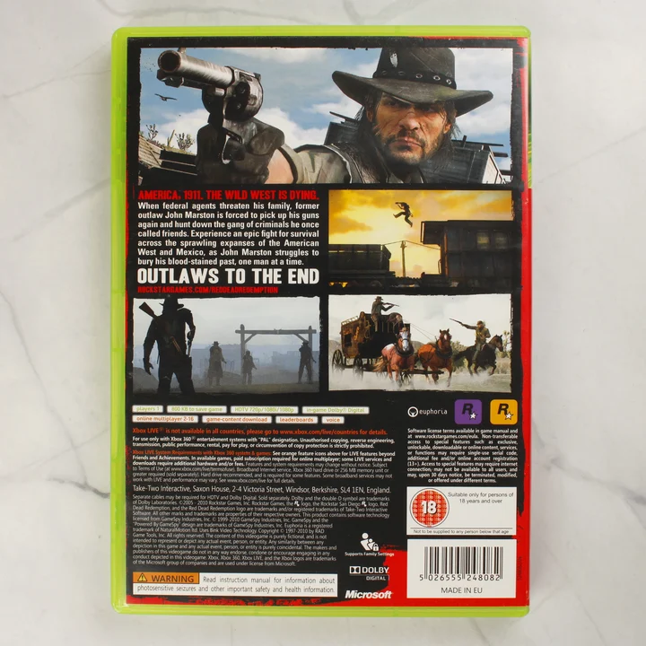 Red Dead Redemption Xbox 360 hátlap A Red Dead Redemption Xbox 360 játék hátlapi borítója leírással és vonalkóddal