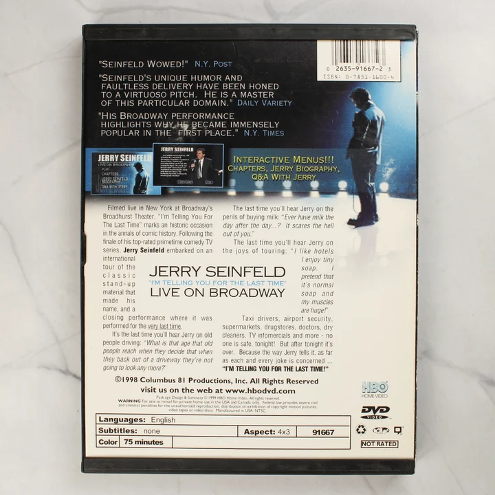 Jerry Seinfeld Live on Broadway DVD hátlap Jerry Seinfeld Live on Broadway DVD hátlapja leírással és technikai adatokkal