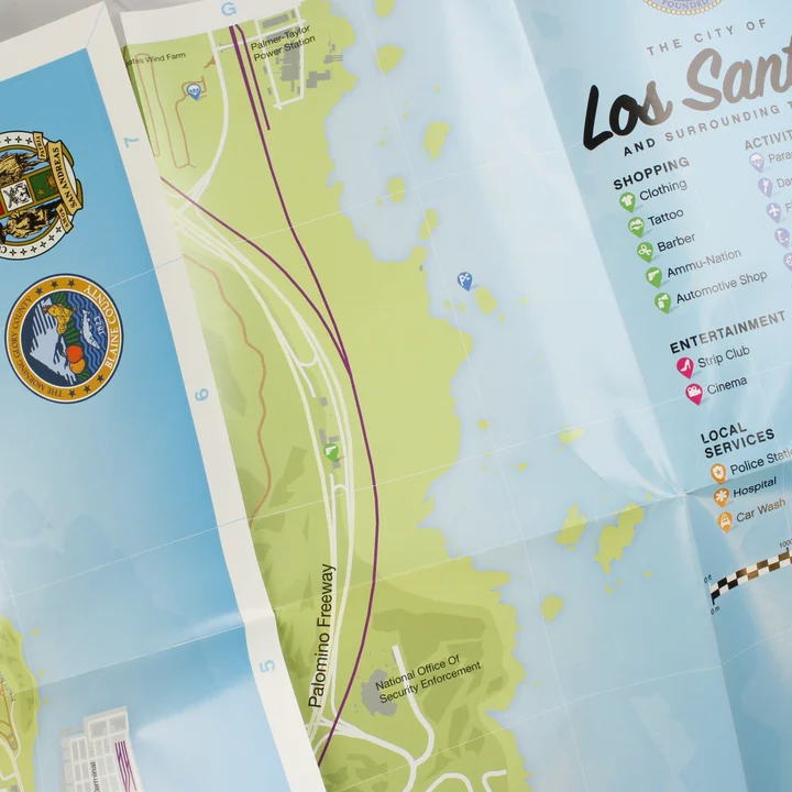 Grand Theft Auto V Los Santos térkép A Grand Theft Auto V játékhoz mellékelt részletes, színes Los Santos térkép részlete