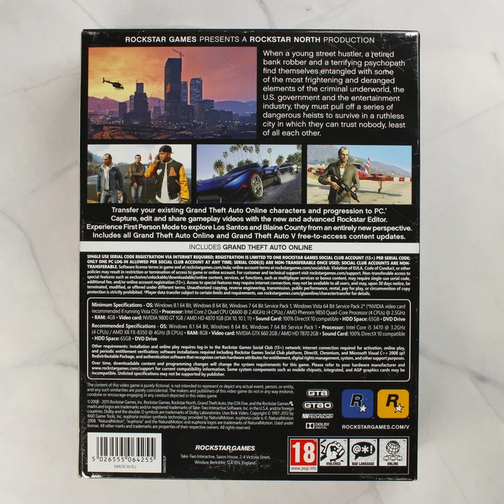 Grand Theft Auto V PC hátlap A Grand Theft Auto V PC-s kiadásának hátoldala a rendszerkövetelményekkel és leírással