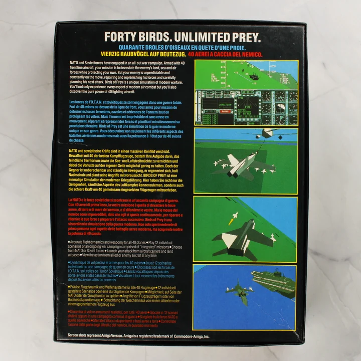 Birds of Prey Amiga doboz hátlap A Birds of Prey Amiga játék dobozának hátoldala leírásokkal és képernyőképekkel