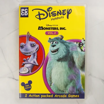 Disney Hotshots Monsters Inc Vol 2 PC játék borító előlapja sárga háttérrel és a szereplőkkel