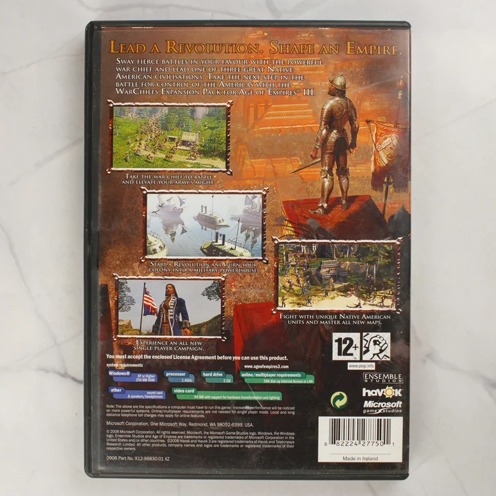 Age of Empires III The War Chiefs PC hátlap Az Age of Empires III: The War Chiefs PC játék tokjának hátoldala a rendszerkövetelményekkel és képekkel