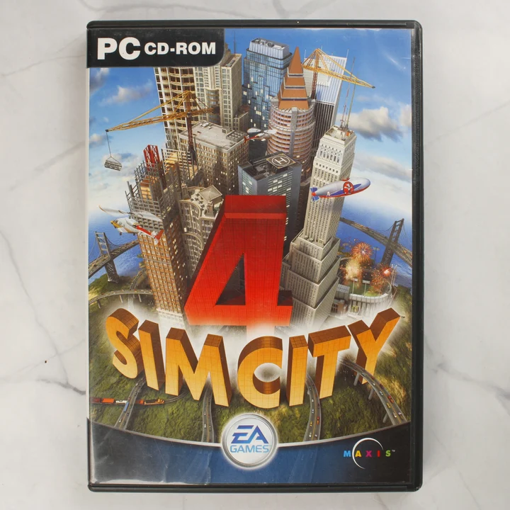 A SimCity 4 PC-s videójáték előlapi borítója a fekete műanyag tokban