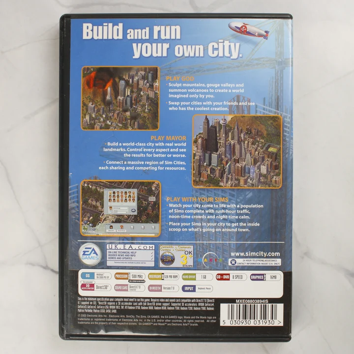 A SimCity 4 PC-s videójáték hátoldali borítója a rendszerkövetelményekkel