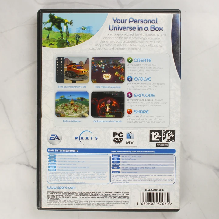 Spore PC Mac játék tok hátlap A Spore videójáték tokjának hátoldala a rendszerkövetelményekkel és leírással