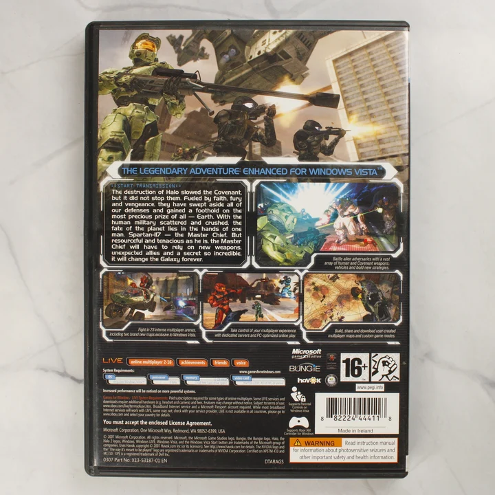 Halo 2 PC játék hátlap A Halo 2 PC-s videójáték tokjának hátlapja a rendszerkövetelményekkel és játékmenet-képekkel