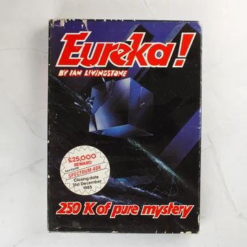 Az Eureka! videójáték dobozának előlapja Ian Livingstone nevével és a nyereményjáték matricájával.