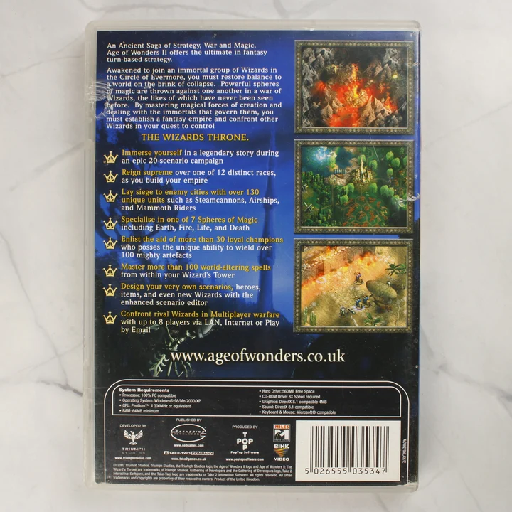 Age of Wonders II PC játék hátlap Az Age of Wonders II: The Wizard's Throne PC játék tokjának hátoldala a leírással és rendszerkövetelményekkel