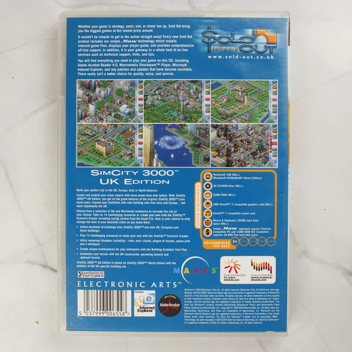 SimCity 3000 UK Edition PC hátlap A SimCity 3000 UK Edition PC videójáték tokjának hátlapja