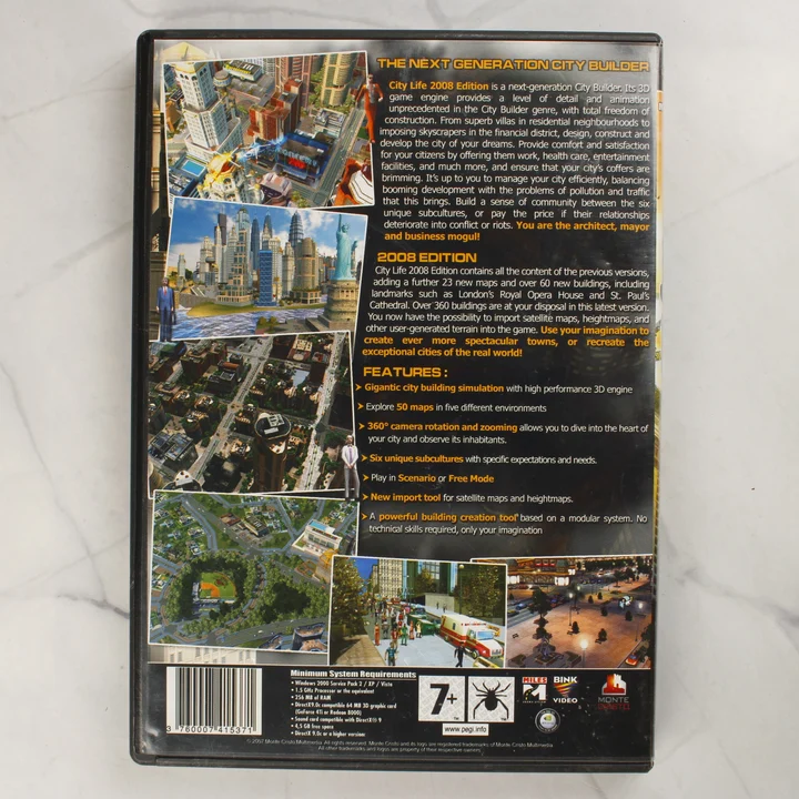 City Life 2008 Edition PC játék hátlap A City Life 2008 Edition PC-s videójáték tokjának hátoldala a rendszerkövetelményekkel