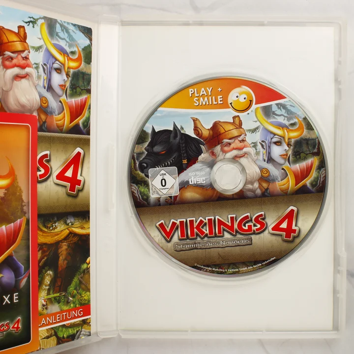 Vikings 4: Stämme des Nordens PC játék nyitott tok A Vikings 4: Stämme des Nordens PC-s videójáték nyitott tokja a lemezzel és a kézikönyvvel