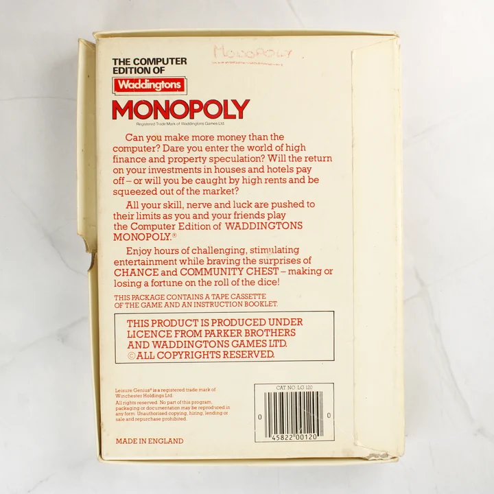 Waddingtons Monopoly Commodore 64 játék dobozának hátoldala
