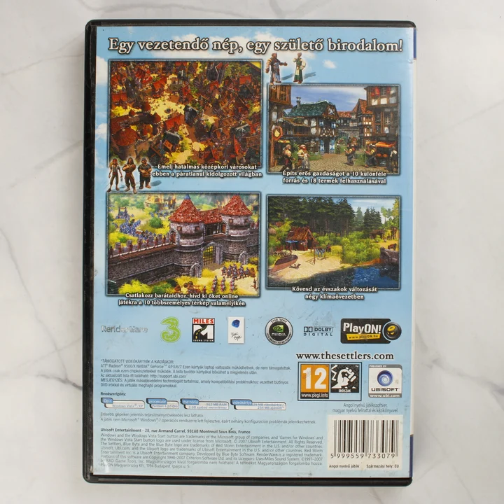 The Settlers: Egy birodalom születése PC tok hátlap The Settlers: Egy birodalom születése PC videójáték tokjának hátlapja a rendszerkövetelményekkel