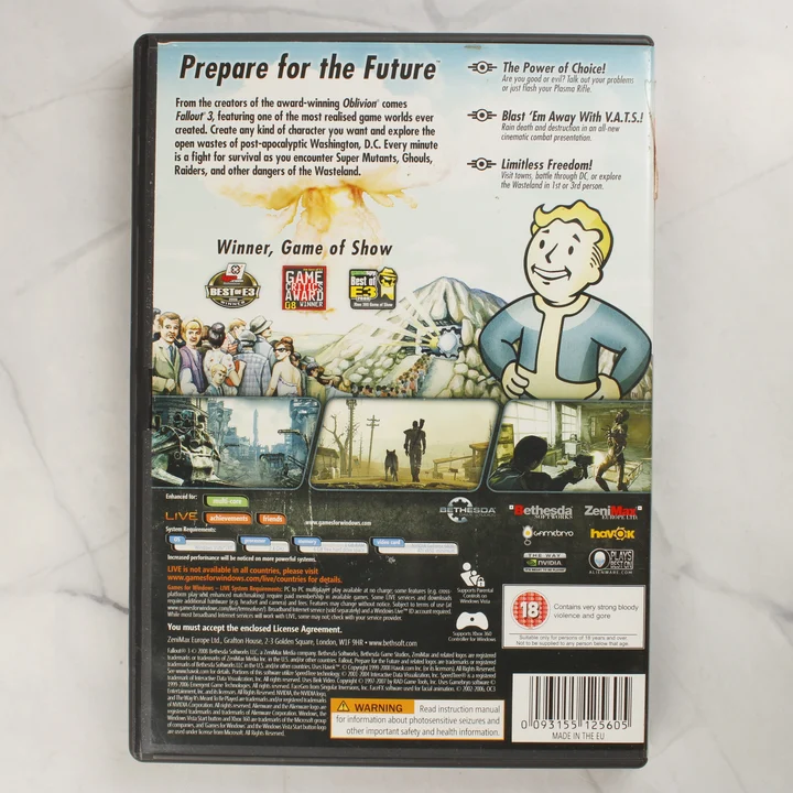 Fallout 3 PC játék hátlap A Fallout 3 PC-s játék borítójának hátlapja a rendszerkövetelményekkel