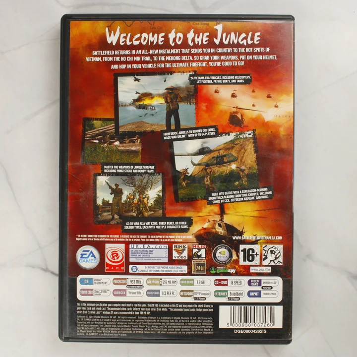 Battlefield Vietnam PC játék hátlap A Battlefield Vietnam PC-s videójáték tokjának hátlapja a rendszerkövetelményekkel