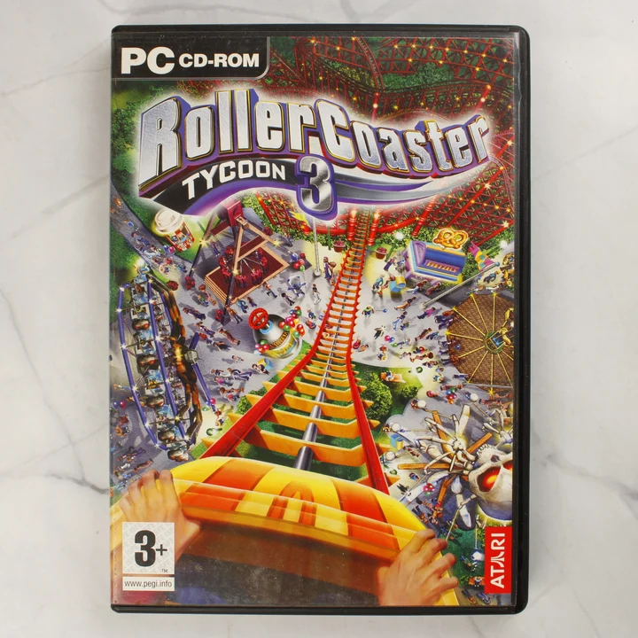 RollerCoaster Tycoon 3 PC játék előlap A RollerCoaster Tycoon 3 PC-s videójáték tokjának előlapja a színes borítóval