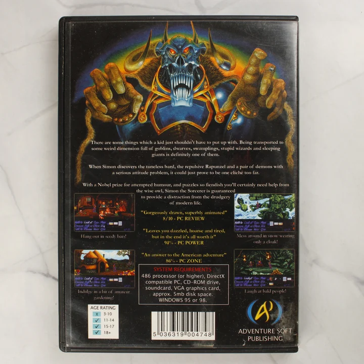 Simon the Sorcerer PC CD-ROM játék hátoldala a rendszerkövetelményekkel és képernyőképekkel