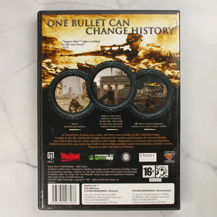 A Sniper Elite PC-s videójáték tokjának hátlapja a rendszerkövetelményekkel