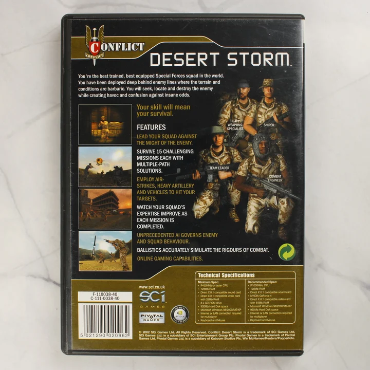 Conflict: Desert Storm PC játék hátlap A Conflict: Desert Storm PC játék tokjának hátoldala a részletekkel