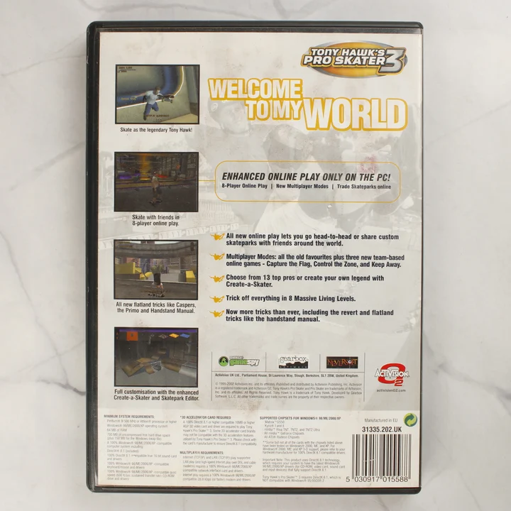 A Tony Hawk's Pro Skater 3 PC-s videójáték tokjának hátoldala a rendszerkövetelményekkel