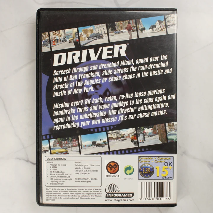 Driver PC játék hátlapi borító A Driver PC-s videójáték hátlapi borítója a rendszerkövetelményekkel