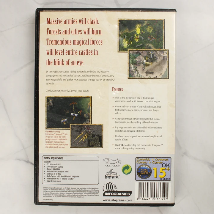 Total Annihilation Kingdoms PC hátlap A Total Annihilation: Kingdoms PC-s videójáték tokjának hátoldala a rendszerkövetelményekkel