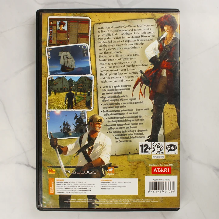 Age of Pirates: Caribbean Tales PC játék hátlap Az Age of Pirates: Caribbean Tales PC videójáték hátoldali borítója a részletekkel