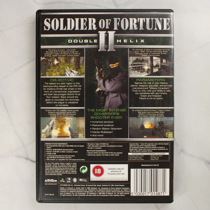 A Soldier of Fortune II: Double Helix PC-s játék tokjának hátlapja a rendszerkövetelményekkel