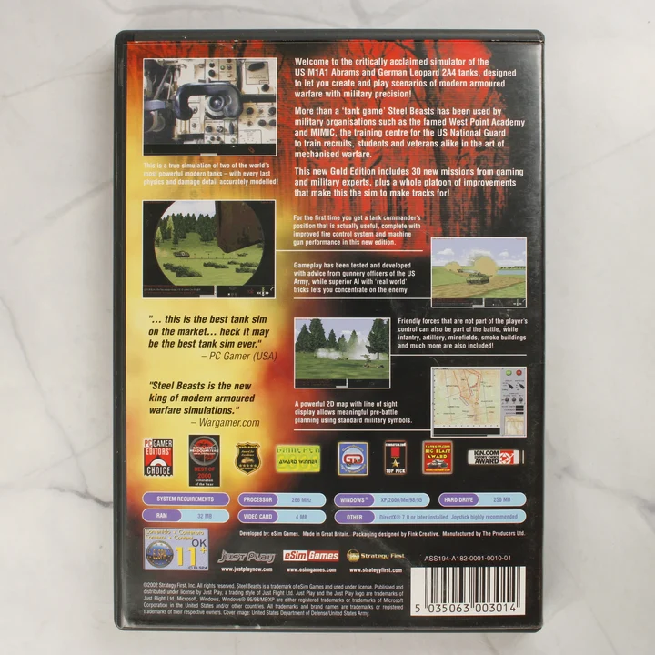 Steel Beasts Gold Edition PC hátlap A Steel Beasts Gold Edition PC-s videójáték hátlapi borítója a rendszerkövetelményekkel