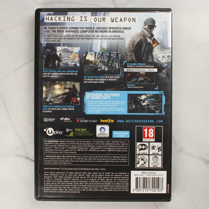 A Watch Dogs Special Edition PC videójáték tokjának hátlapja a rendszerkövetelményekkel