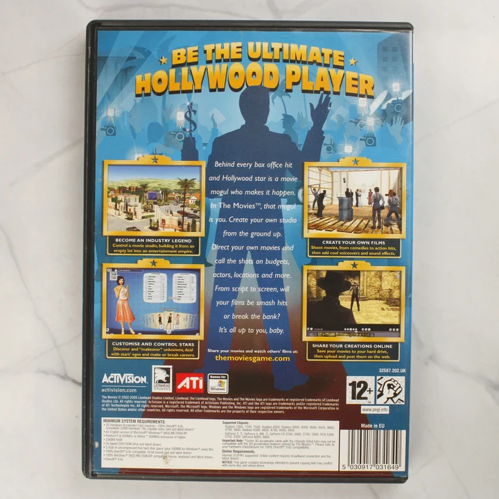 The Movies PC játék hátlap A The Movies PC-s videójáték tokjának hátoldala a rendszerkövetelményekkel és képekkel