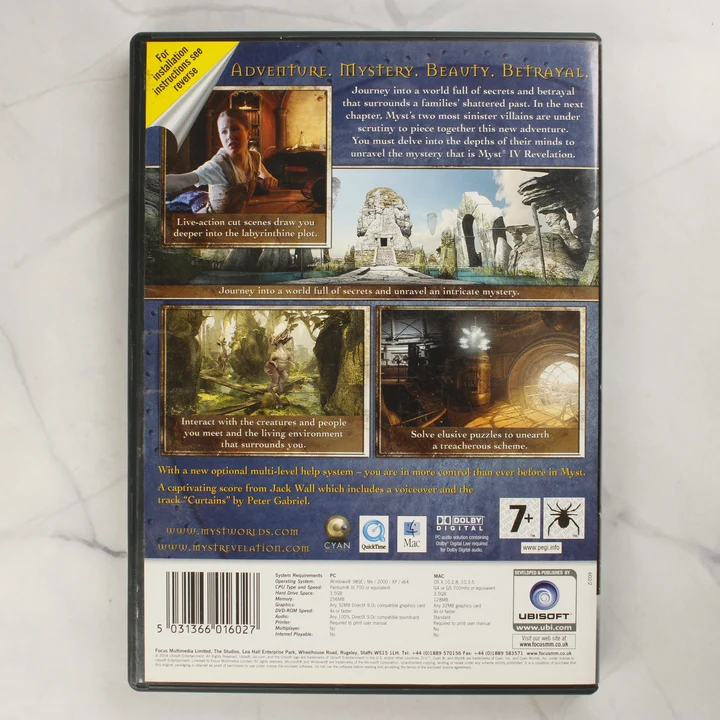 Myst IV: Revelation hátlap A Myst IV: Revelation videójáték tokjának hátlapja a rendszerkövetelményekkel