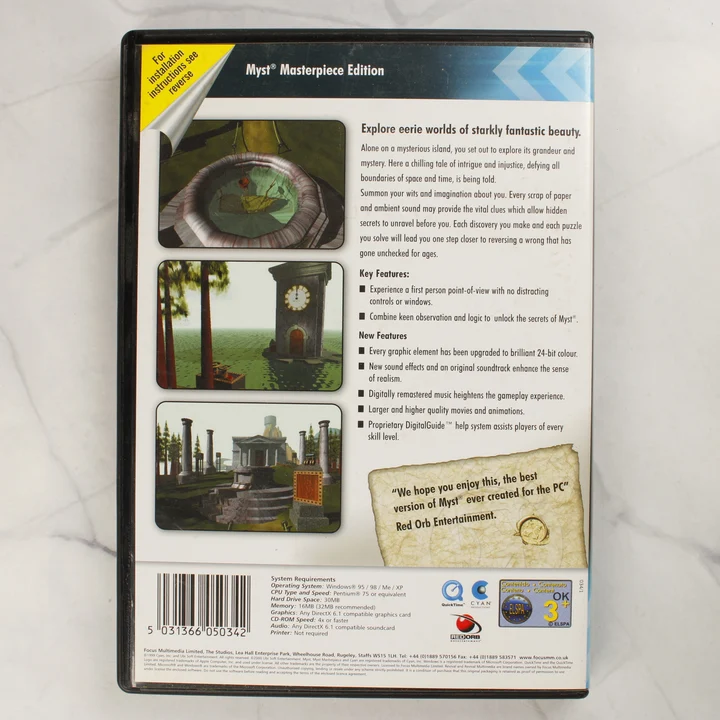 A Myst Masterpiece Edition PC-s videójáték hátlapi borítója a rendszerkövetelményekkel