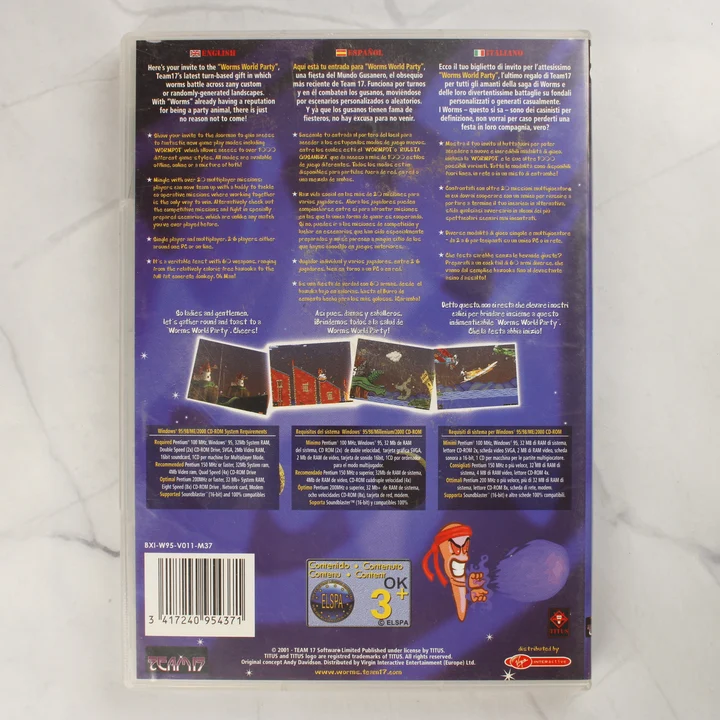 Worms World Party PC játék hátlap A Worms World Party PC játék tokjának hátoldala a leírással és rendszerkövetelményekkel