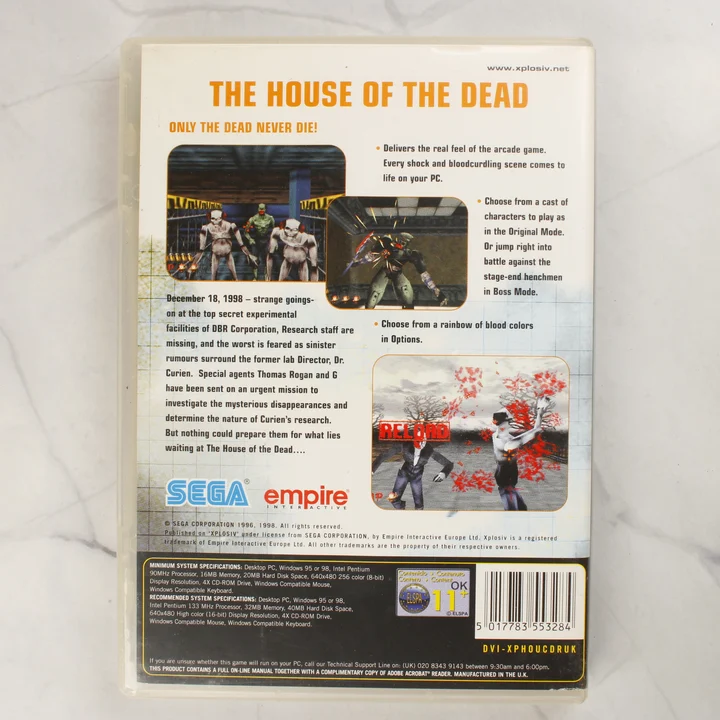 The House of the Dead PC-s videójáték tokjának hátoldala a rendszerkövetelményekkel