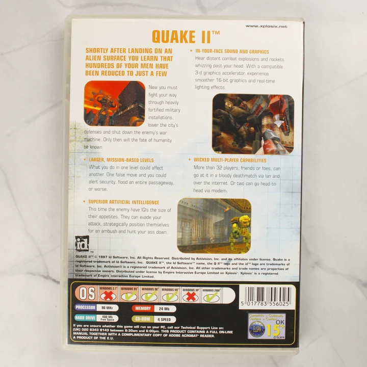 A Quake II PC-s videójáték tokjának hátoldala a rendszerkövetelményekkel