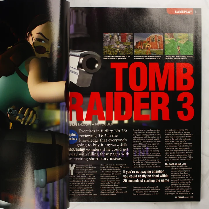 PC Format magazin Tomb Raider 3 cikk A PC Format magazin belső oldala a Tomb Raider 3 játékteszttel