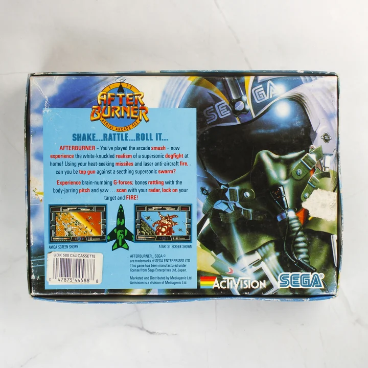 After Burner C64 doboz hátnézet After Burner Commodore 64 videójáték dobozának hátoldala