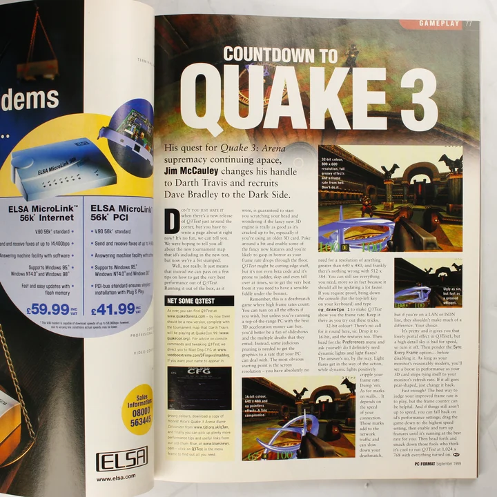 PC Format magazin belső oldal - Quake 3 A PC Format magazin belső oldala a Quake 3 Arena játékról szóló cikkel