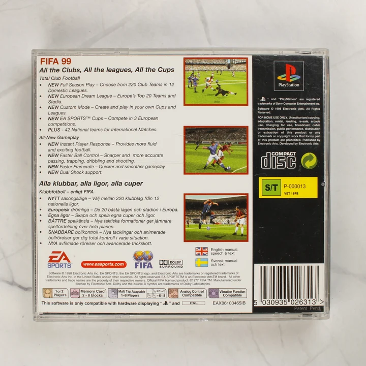 A FIFA 99 Classics PlayStation játék tokjának hátoldala a leírásokkal és vonalkóddal