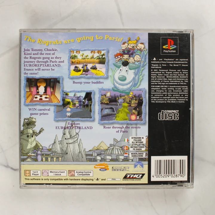 Rugrats in Paris: The Movie PS1 játék hátlap A Rugrats in Paris: The Movie PlayStation játék tokjának hátlapja