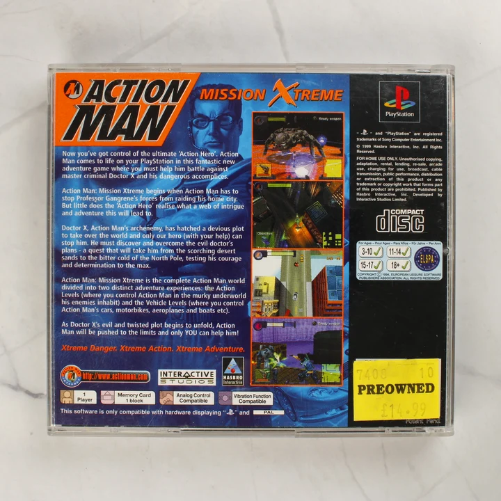 Action Man: Mission Xtreme PS1 játék hátlap Action Man: Mission Xtreme PlayStation játék tok hátlapja a leírással