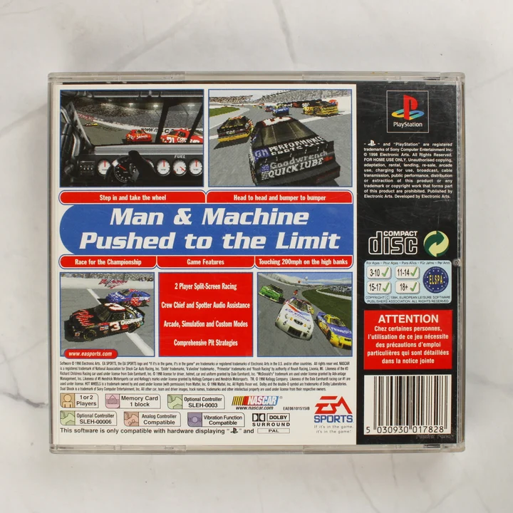 NASCAR 99 PlayStation játék hátlap NASCAR 99 PlayStation videójáték tokjának hátoldala a játék részleteivel