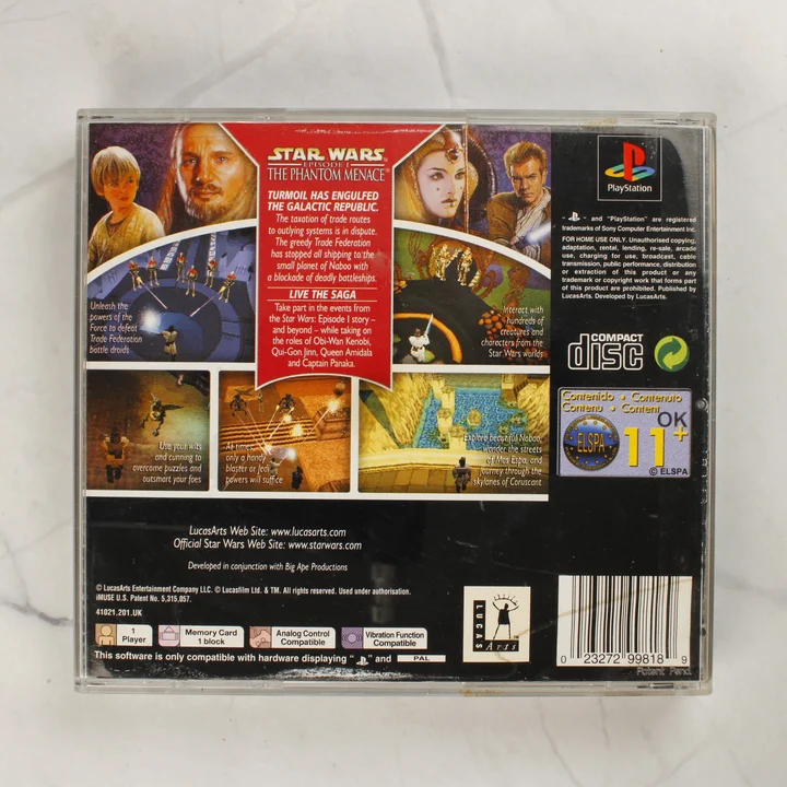 Star Wars Episode I The Phantom Menace PS1 játék hátlap A Star Wars Episode I: The Phantom Menace PlayStation játék tokjának hátlapja