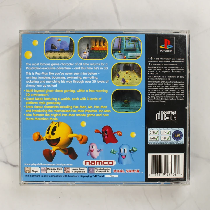 Pac-Man World PS1 játék hátnézet Pac-Man World PlayStation 1 játék tokjának hátlapja a leírással és vonalkóddal