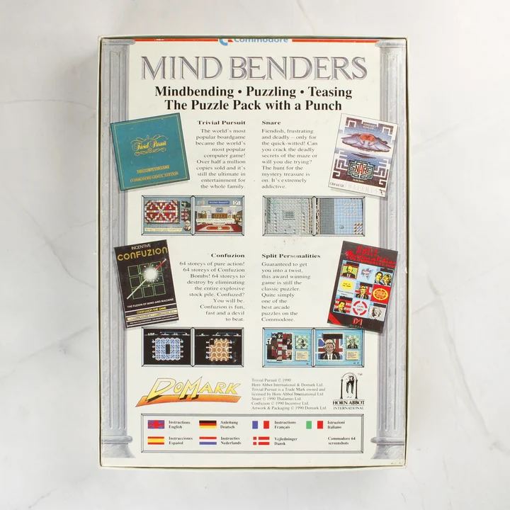 Mind Benders Commodore 64 játékgyűjtemény dobozának hátoldala