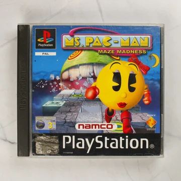Ms. Pac-Man Maze Madness PlayStation játék tokja elölről, ragasztónyommal a bal alsó sarokban