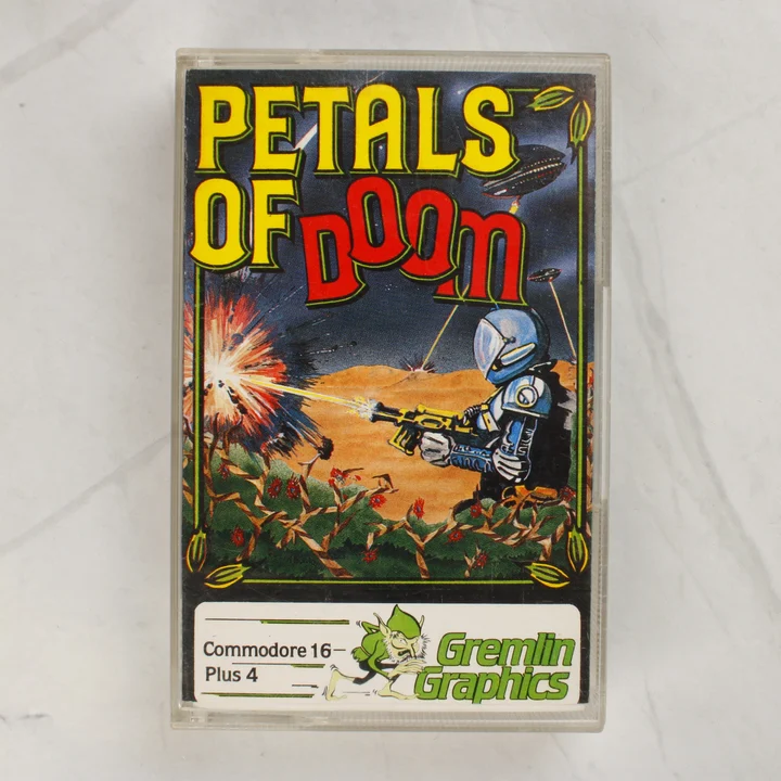 A Petals of Doom videójáték előlapi borítója műanyag tokban, Commodore 16 és Plus 4 platformra