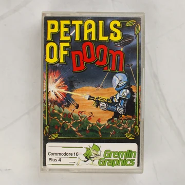 A Petals of Doom videójáték előlapi borítója műanyag tokban, Commodore 16 és Plus 4 platformra